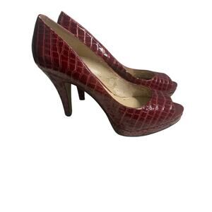 Nine West‎ Red Croc Embossed Peep Toe Platform High Heels Women's Shoes 8.5